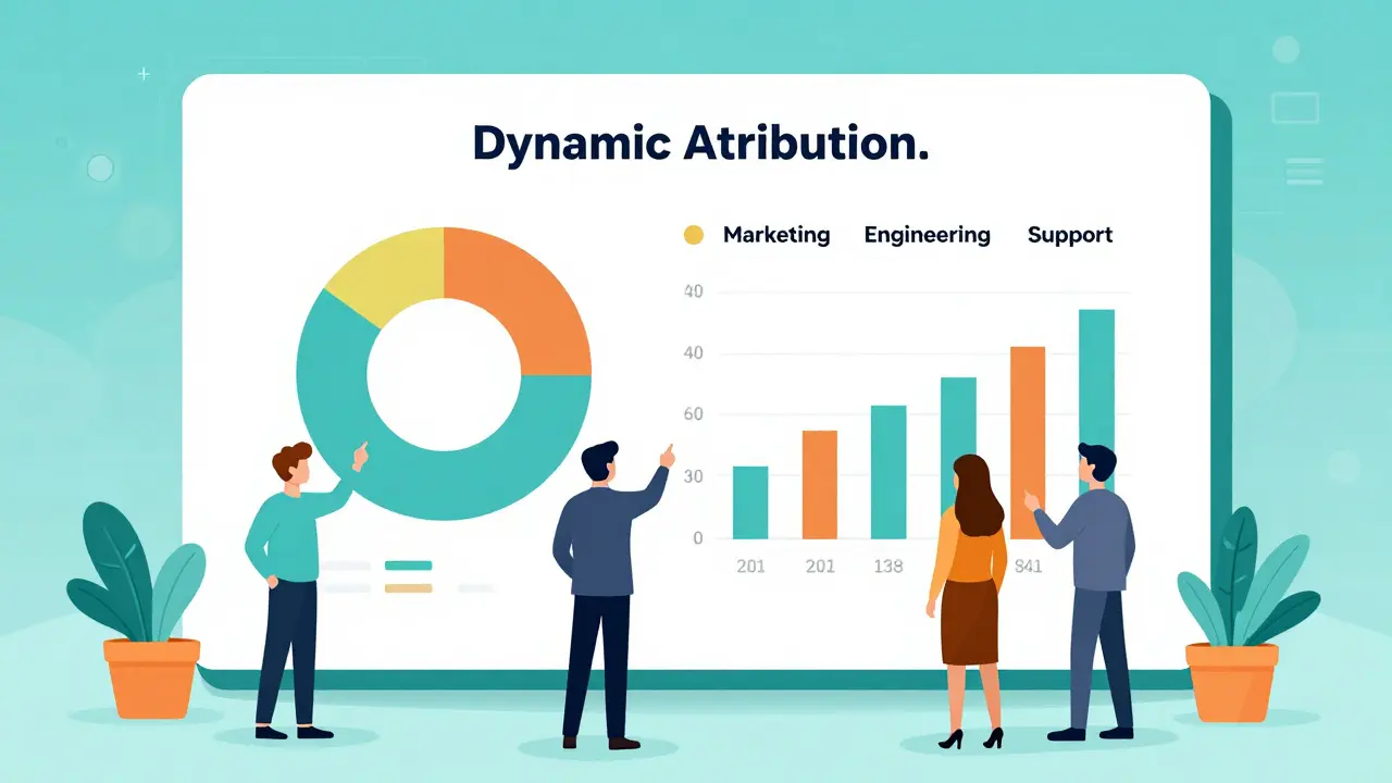 Department heads reviewing a colorful AI cost attribution dashboard in a flat illustration style.