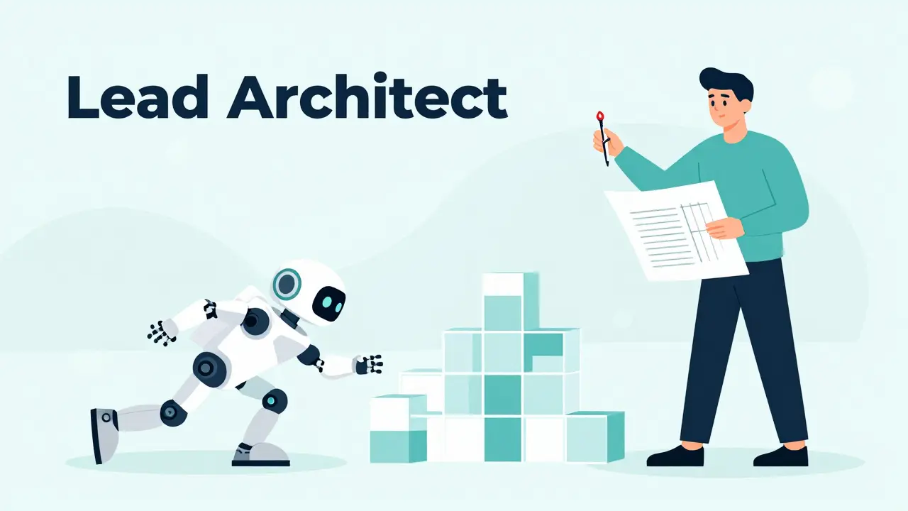 Developer acting as an architect guiding an AI robot to build structured code