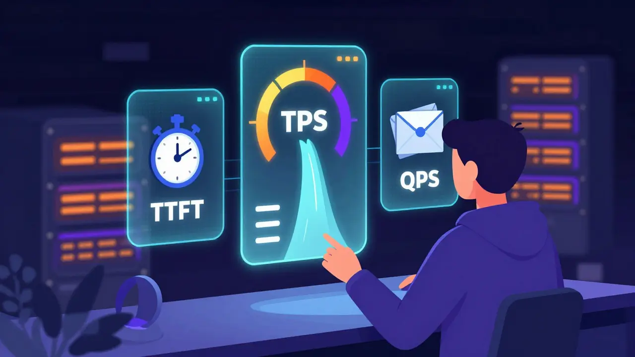 Developer monitoring LLM performance metrics like TTFT and TPS on a futuristic holographic dashboard.