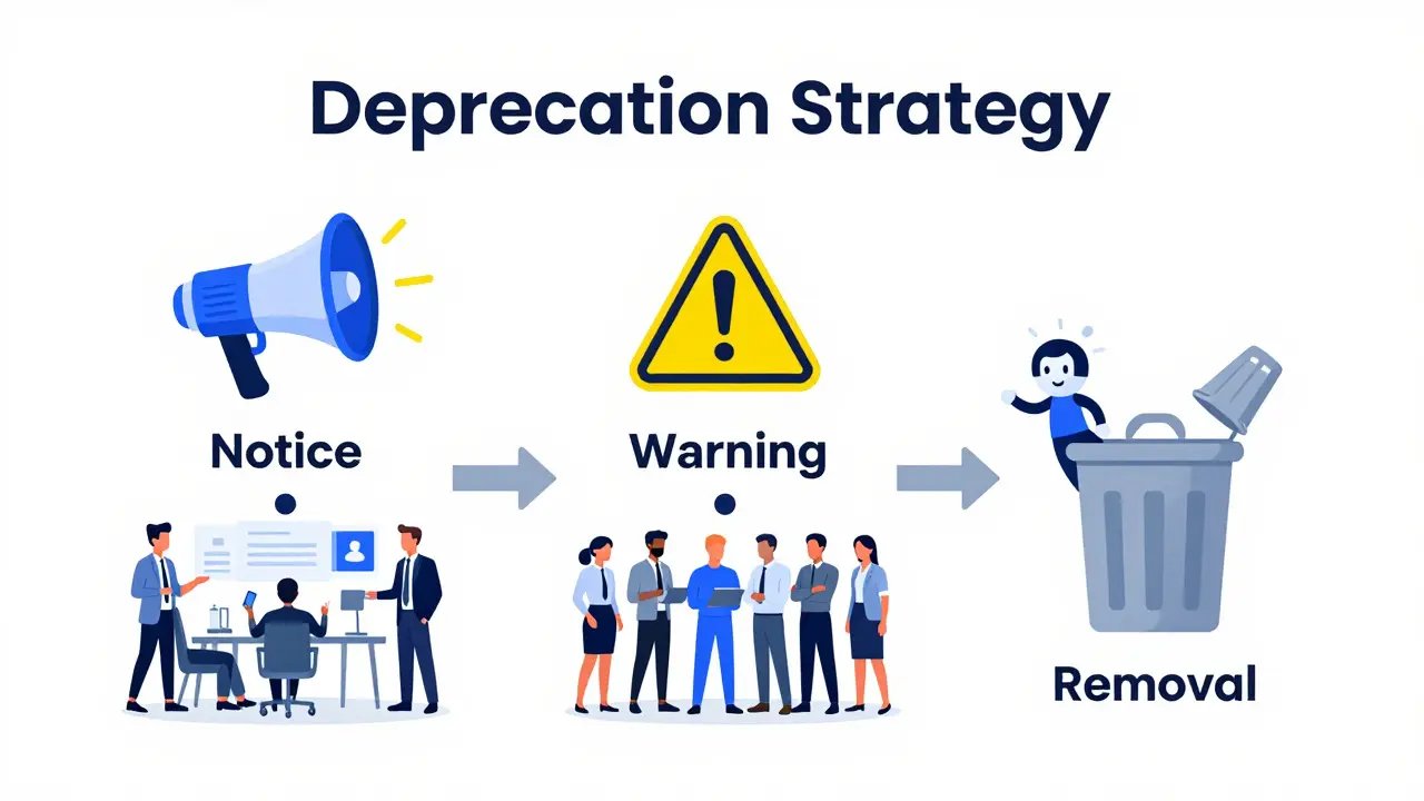 Diagram showing the three phases of API deprecation: Notice, Warning, and Removal.