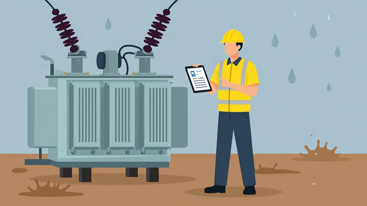 Field technician using a tablet with AI assistance next to an electrical transformer in the rain.