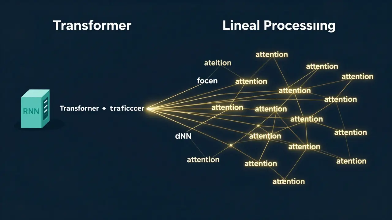 Flat illustration comparing linear text processing with a networked transformer attention mechanism.