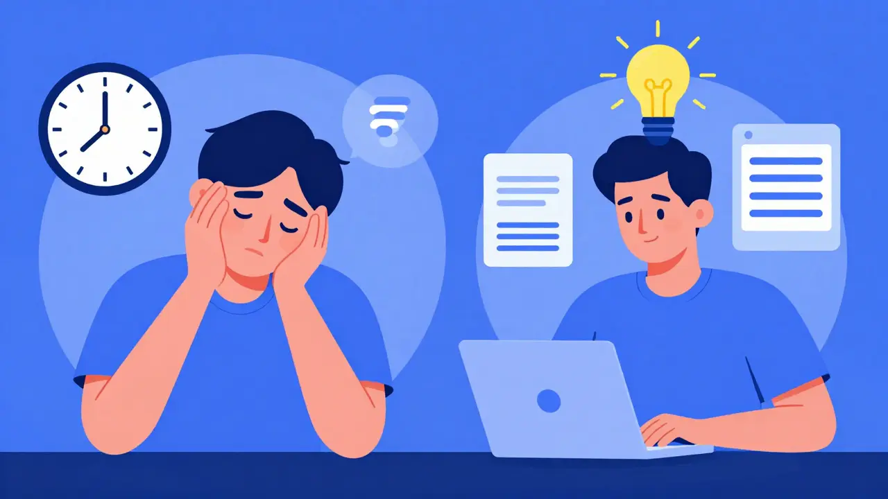 Flat illustration contrasting a fatigued AI reviewer with a refreshed, trained professional.