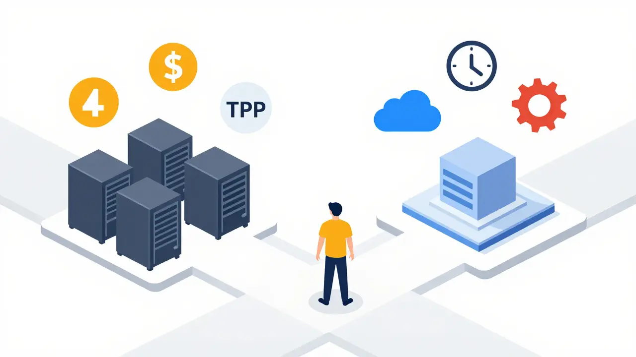 Flat illustration of a developer choosing between GPU and TPU infrastructure paths.