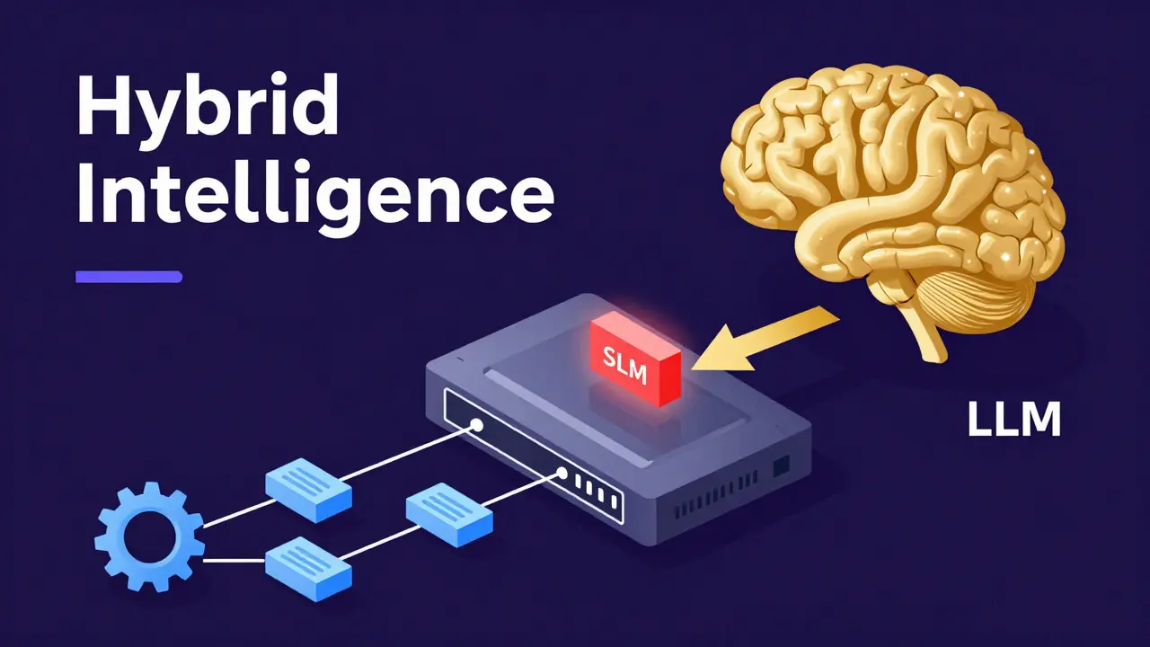 Flat illustration of a digital router directing simple tasks to a small AI and complex tasks to a large AI.