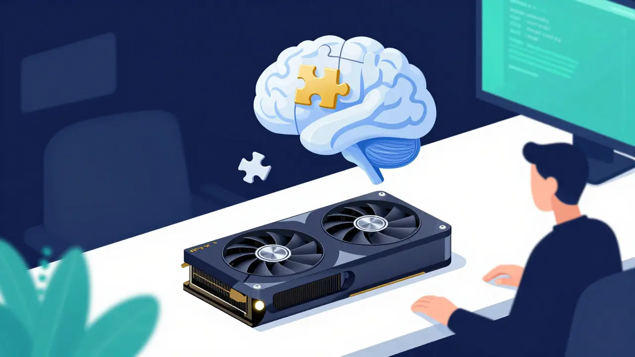 Flat illustration of a GPU and a glowing brain icon representing a specialized local AI model.