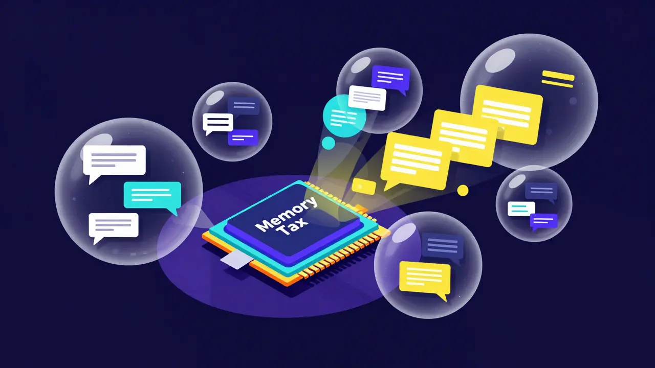 Flat illustration of a GPU chip with expanding bubbles representing an increasing memory context window.