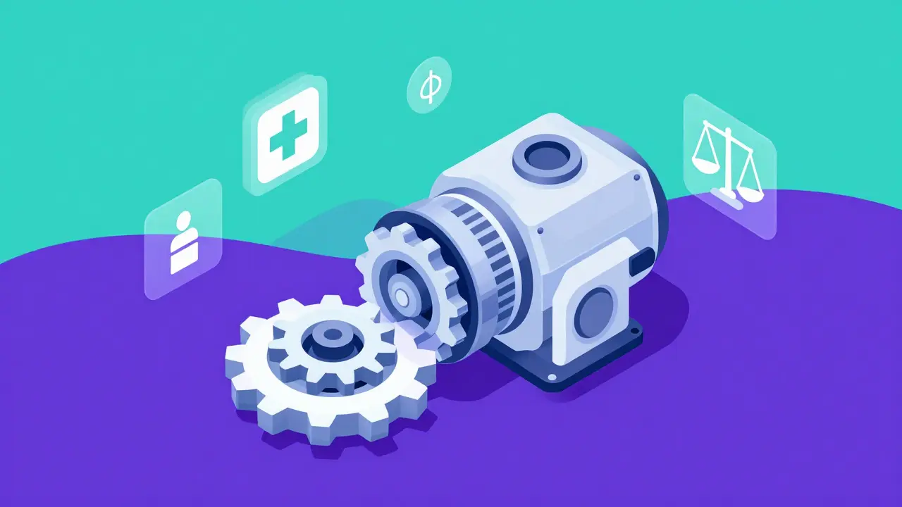 Flat illustration of a hybrid AI machine combining a small gear and a large engine with medical and legal icons.