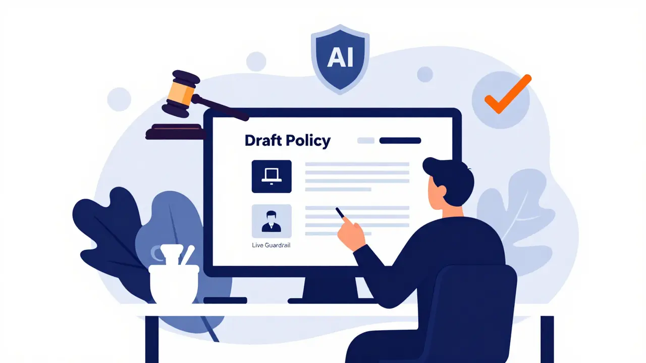 Flat illustration of a professional reviewing AI safety policies with legal and compliance icons