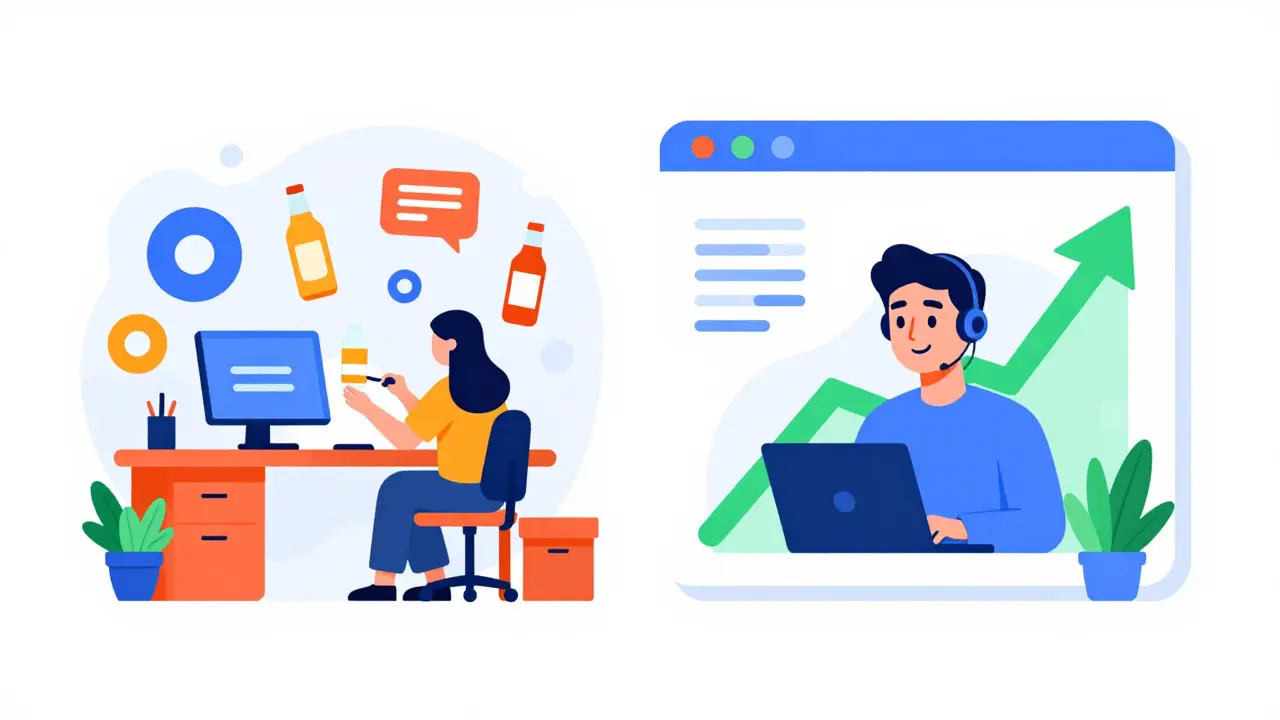 Flat illustration of AI-powered creative scaling and improved customer support.
