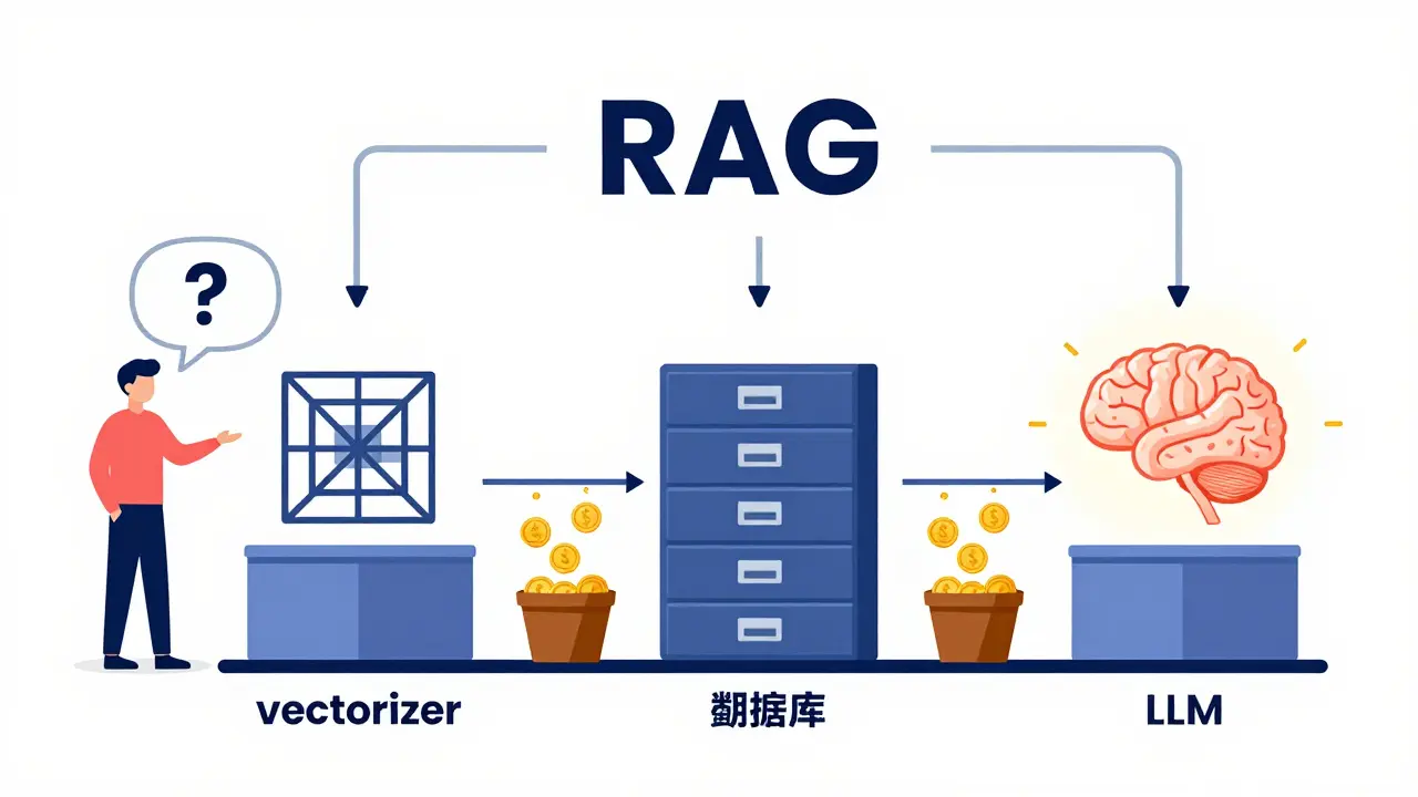 Flat illustration of an AI workflow showing a question moving through vector and LLM stages with cost markers.