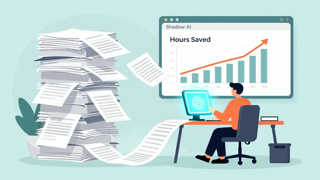 Flat illustration of an employee using AI to automate tedious paperwork for better ROI.