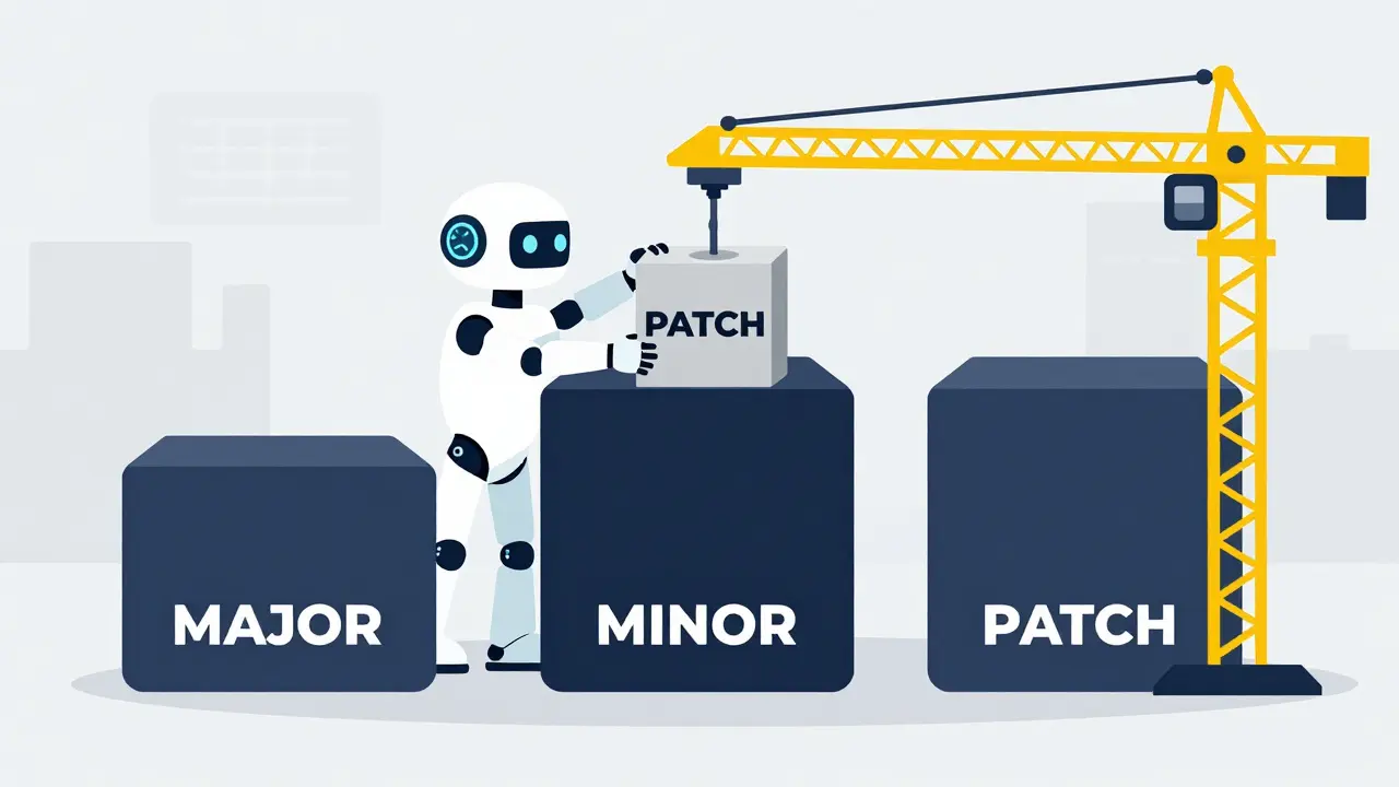 Flat illustration of Semantic Versioning blocks being managed by an AI robot.