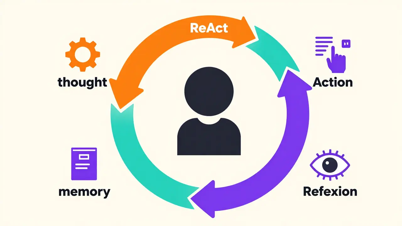 Flat illustration of the ReAct cycle featuring thought, action, and observation phases with a memory loop.