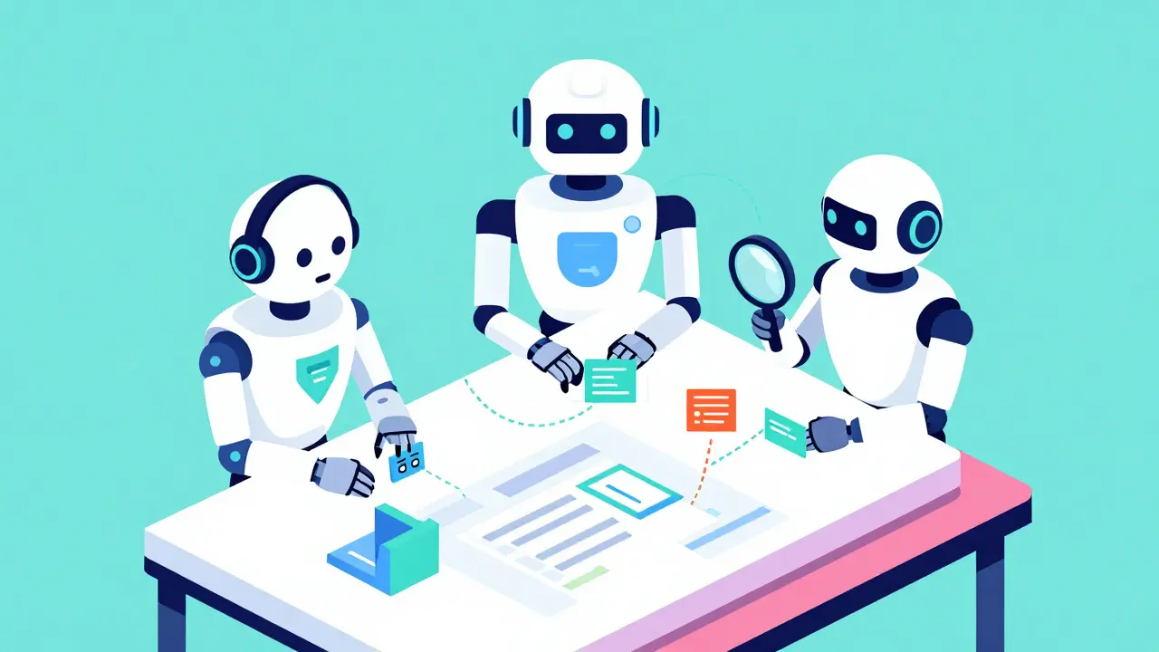 Flat illustration of three specialized AI agents collaborating as a manager, coder, and tester.