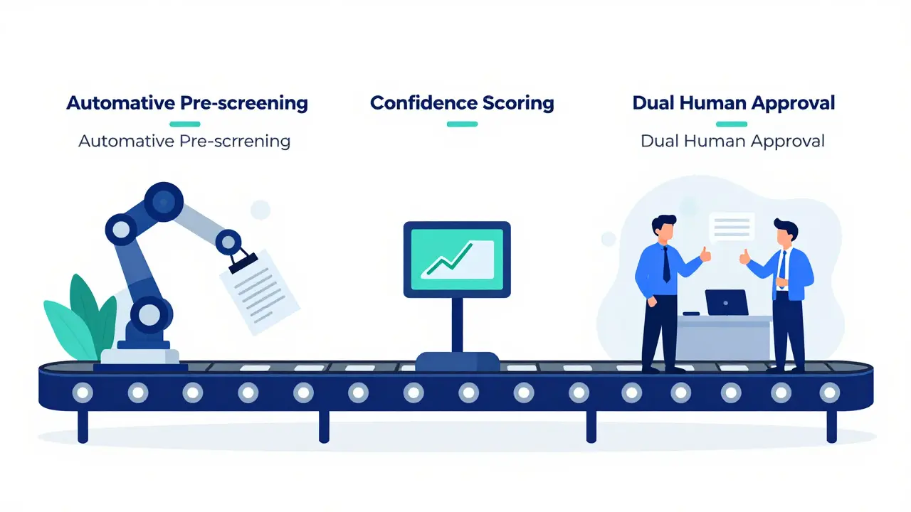 Flat illustration showing a three-stage AI validation process with automation and human approval.