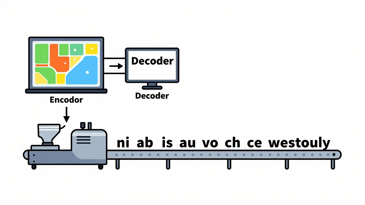 Flat illustration showing a two-stage assembly line versus a single continuous conveyor belt for AI processing.
