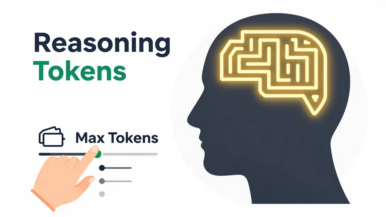 Flat illustration showing an AI's internal reasoning process and a slider reducing output verbosity.