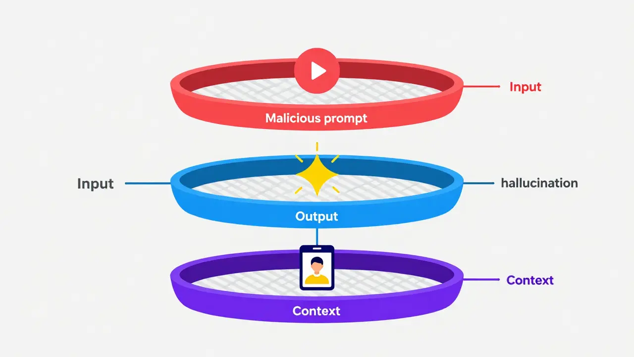 Flat illustration showing three colorful layers of AI defense: input constraints, output moderation, and context