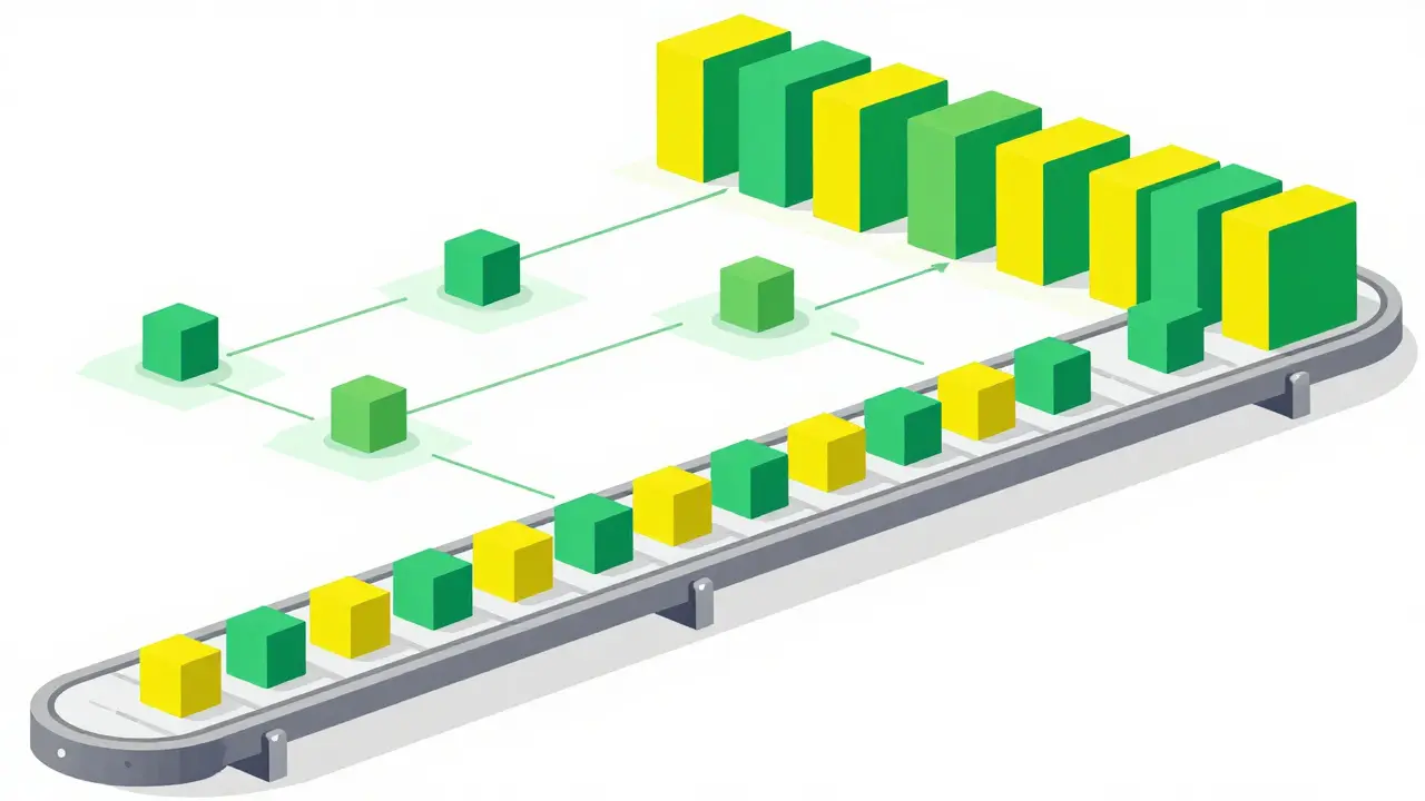 Illustration of a fast-moving conveyor belt with tokens being swapped in and out efficiently