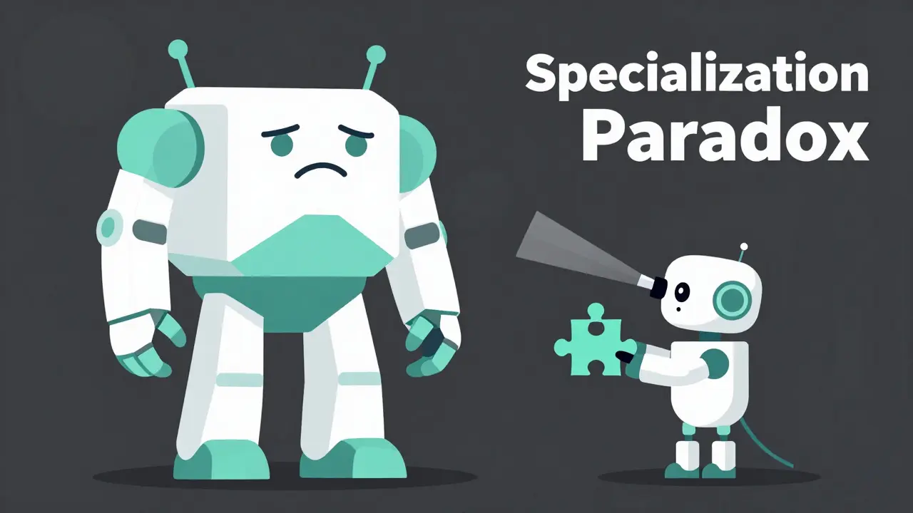 Illustration of a giant general robot and a small specialized robot solving a medical puzzle.