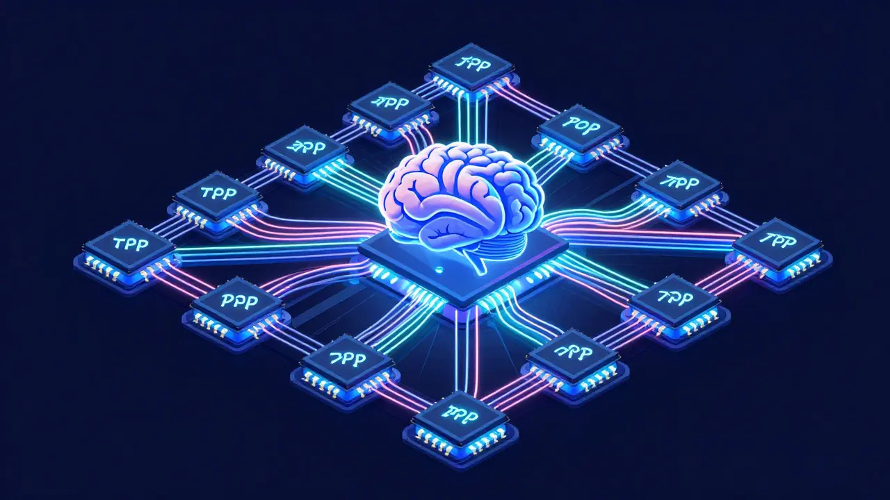 Isometric flat illustration of a TPU Pod with interconnected chips and a neural network.