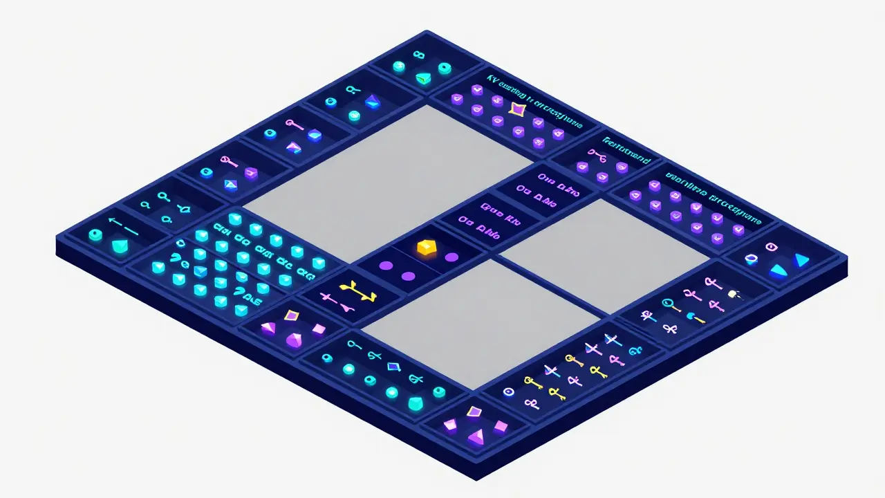 Isometric illustration of a GPU memory grid with glowing tokens and empty gray fragmented spaces