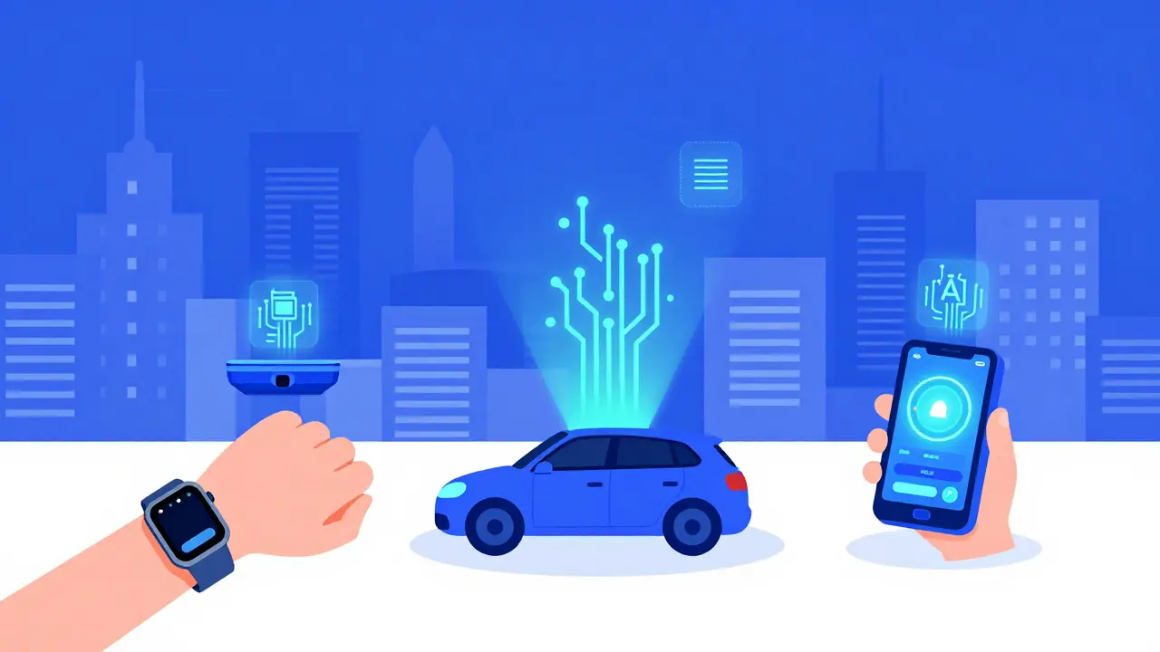 Small devices like a smartwatch and car dashboard powered by lean, distilled AI models.