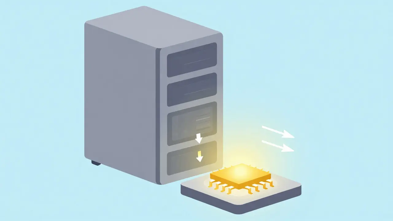 Small glowing cube replacing a large heavy server tower structure.