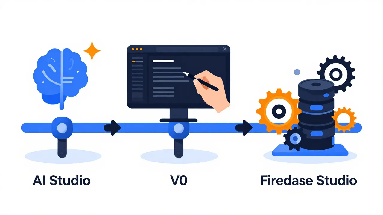 Three-stage process showing prompt engineering, UI design, and full-stack assembly