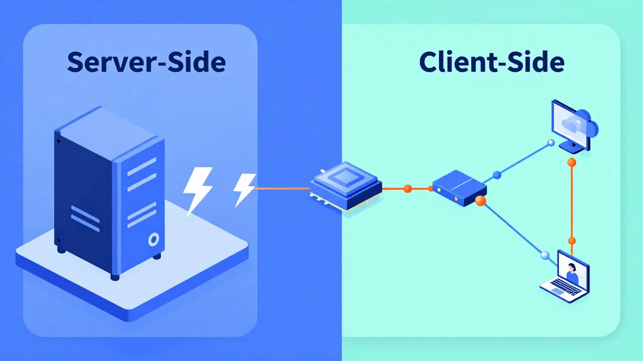 Visual representation of the difference between server-side and client-side benchmarking paths.