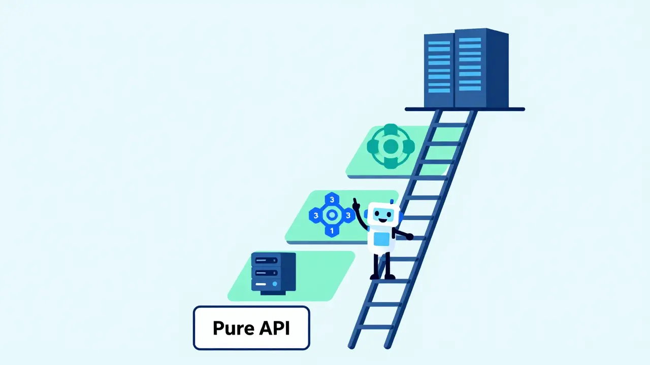 A five-rung ladder showing the progression from basic API use to full self-hosted AI sovereignty.