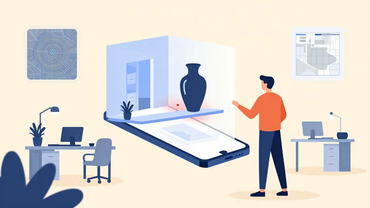 A person using a smartphone to project and analyze a 3D room model with physics-based warnings in a flat illustration.