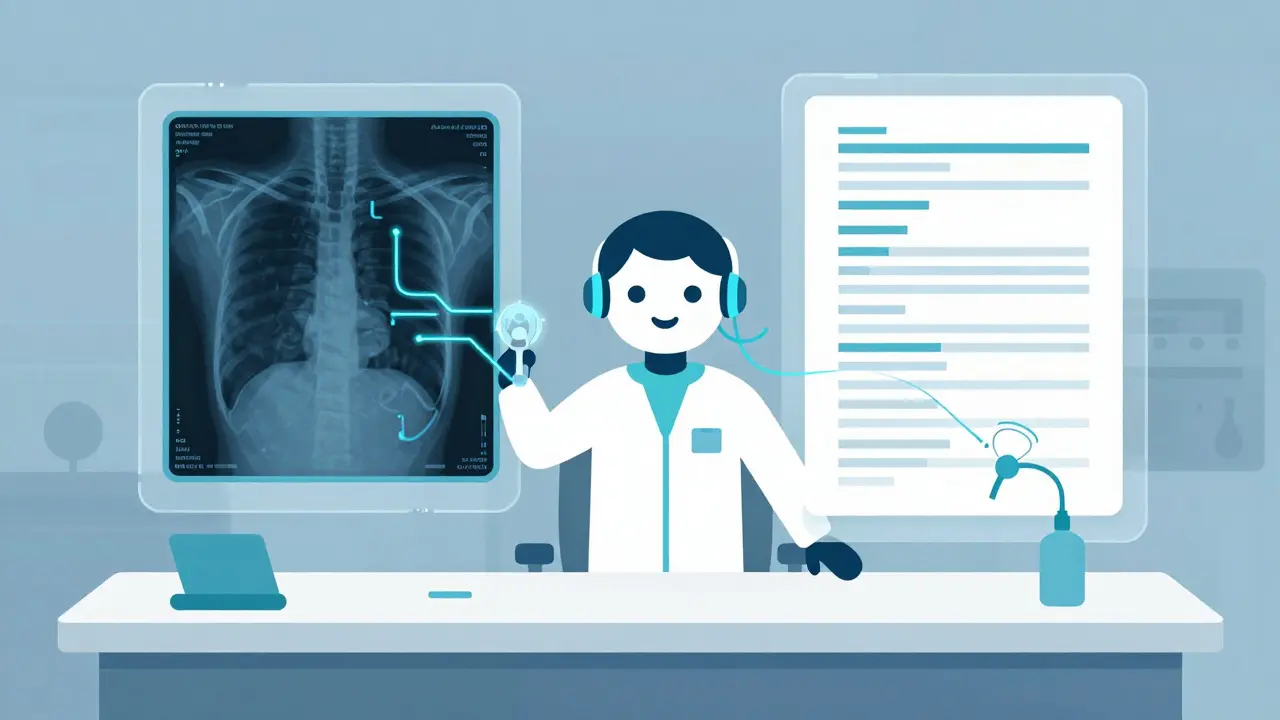 AI assistant linking medical images and text records to improve diagnosis in a flat illustration.