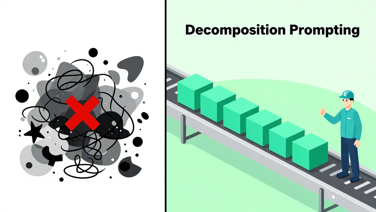 Assembly line blocks versus chaotic scribbles showing prompt methods