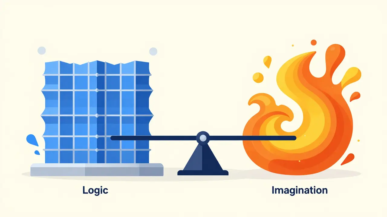Balance scale comparing factual logic versus creative imagination