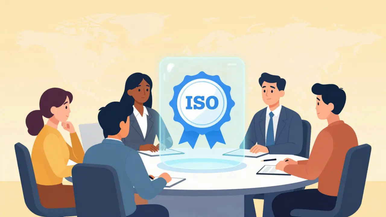 Business team reviewing AI trust certification