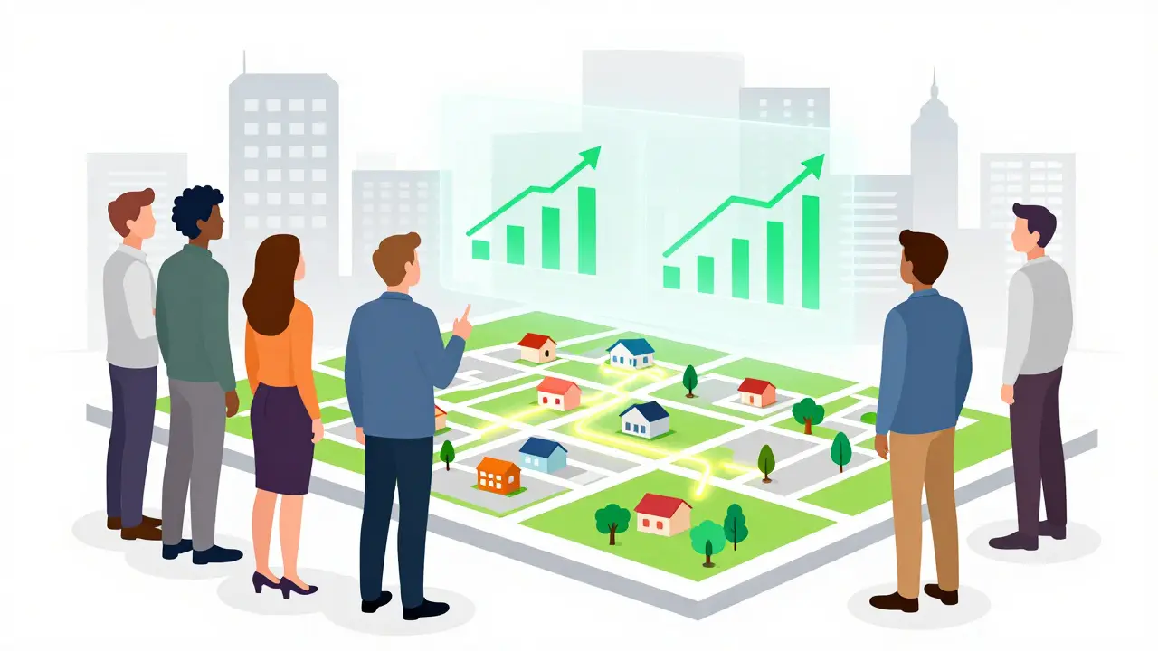 Buyers analyzing neighborhood data on a smart map