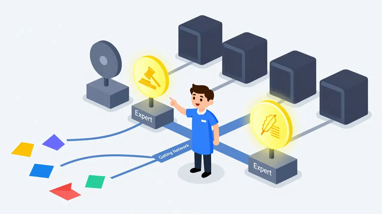 Cartoon of a gating network directing data to specific active expert nodes
