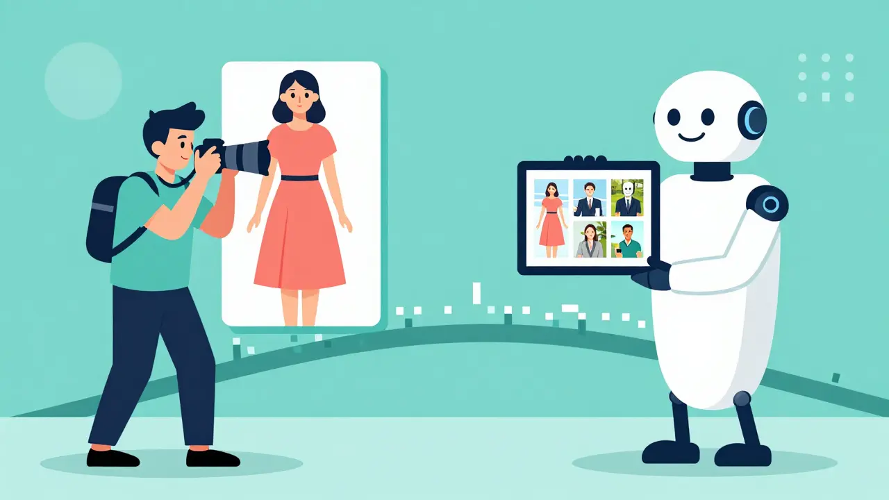 Cartoon of a photographer and AI robot collaborating to create diverse product visuals.