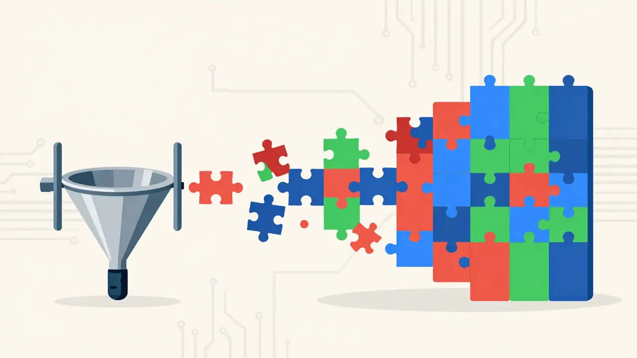 Data puzzle pieces filtering into uniform structured blocks