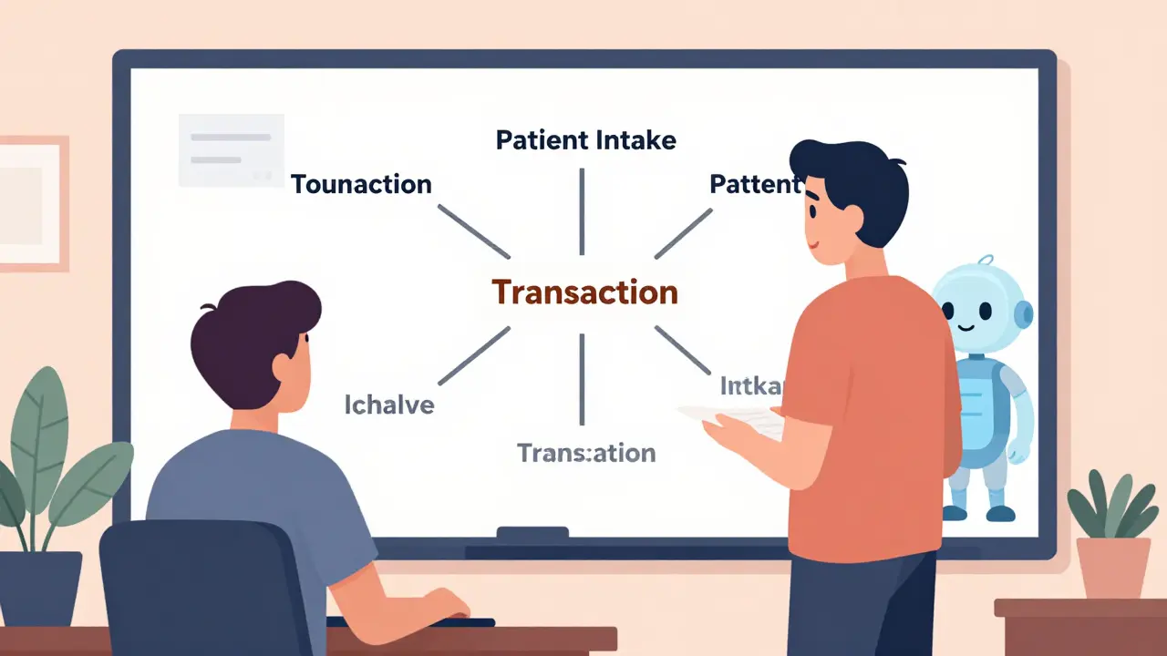 Developer and AI reviewing a shared glossary on a digital whiteboard