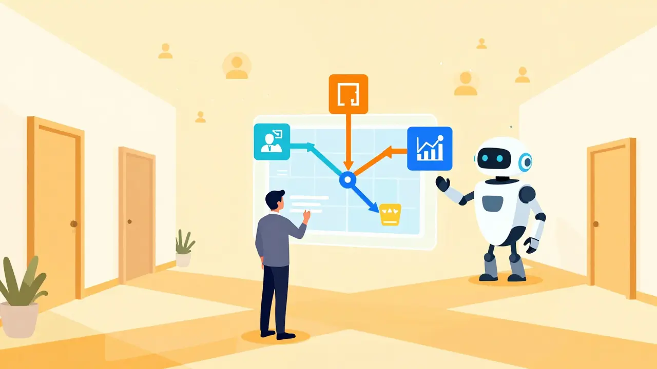 Employee viewing a holographic career roadmap guided by an AI assistant in an office.