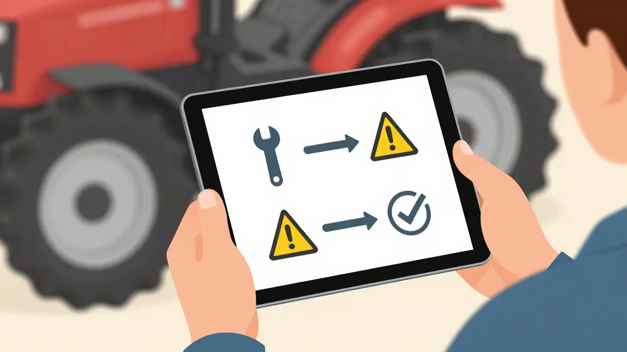 Farmer checking tablet for equipment repair steps next to tractor parts.