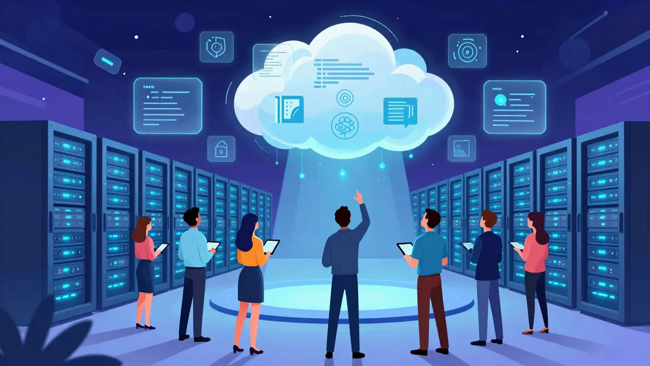 Futuristic data center with glowing servers and floating AI holograms