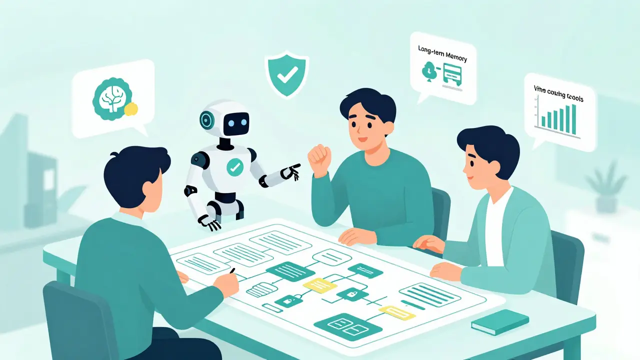 Human and AI collaborating on a complete system architecture blueprint in a flat illustration.