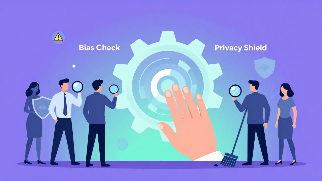 Human hand guiding AI gears with privacy and bias checks, surrounded by diverse employees.