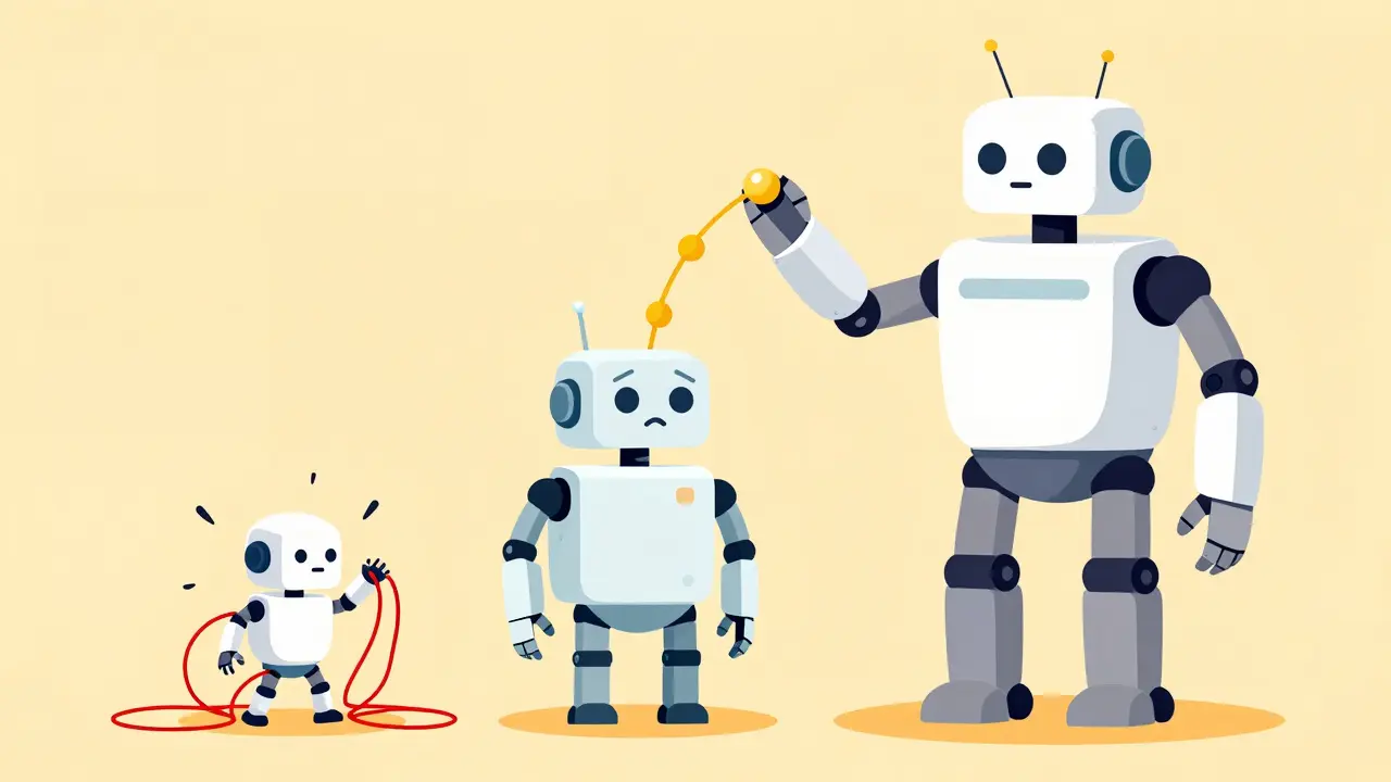 Illustration comparing small confused robot to large smart robot solving problems