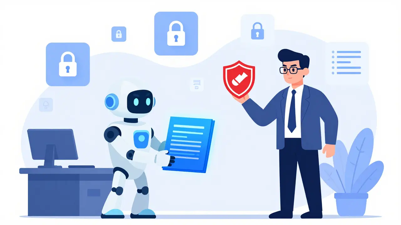 Illustration of AI handing code to a manager who stops it for compliance and security checks.