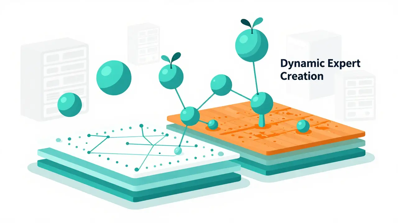 Illustration of dynamic, modular AI experts merging and evolving in a hybrid system